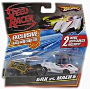 2-pack Race Wrecked GRX and Mach 6 race car, with spear hooks and jump jacks.