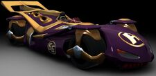The GRX, Cannonball's Car as it appears in Speed Racer The Videogame. Notable changes include a much more prominent and all-gold spoiler, lack of defined rims, silver intakes, vents, axle covers, and suspension joints, and a red windscreen.