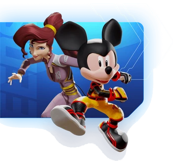"An image of Meg and Mickey in Speedstorm racing suits"