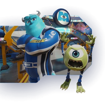 "An image of Sulley and Mike Wazowski in racing suits"