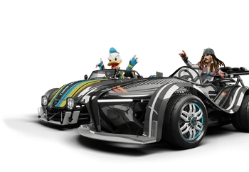 "An image of Jack Sparrow and Donald Duck driving cars"