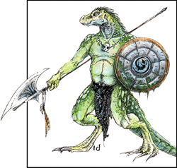 Lizard man armed with a polearm and a shield