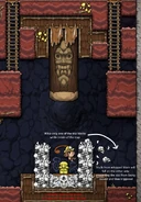A Log Trap with bone blocks next to it. As whipping the bone blocks will likely cause skulls to fall onto the Idol, triggering the trap, the player must use a specific strategy to avoid this, as elaborated in the image.