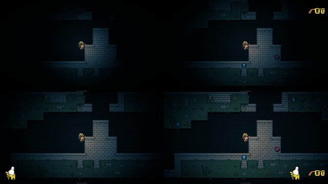 Image showcasing how Spectacles and/or  impact the glow around Spelunkers.Top-left: Nothing.Top-right: Spectacles.Bottom-left: Hedjet.Bottom-right: Hedjet and Spectacles.