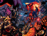 Peter (Earth-1610) fighting with the Fantastic Four (Earth-1610), X-Men (Earth-1610), and the European Defensive Initive