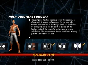 "Noir Original Concept" costume in the costume selection in Spider-Man: Shattered Dimensions