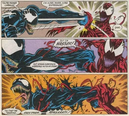 Carnage sometiendo a Venom con su fuerza física
