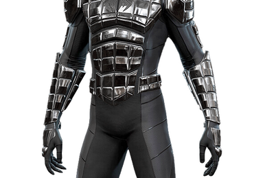Cyborg Spider-Man He wears a metallic mesh suit with an electronic circuit  spider emblem. His mask has a digital visor and metal wings that unfold  into the shape of spider legs. Uses