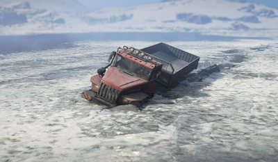 A medium sized truck stuck under the ice
