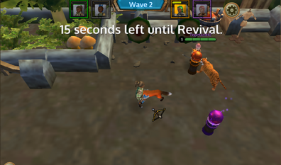 A player waits to be revived. The option to spectate two other players is shown through the two different orbs.