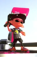 A pink Inkling wielding the Octobrush, to use in the Turf War.