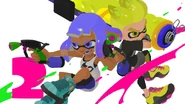Promotional image 2 days before the launch of Splatoon 3, featuring to Inklings holding a Splat Roller and Splat Dualies.