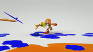 A female inkling shooting the Splattershot in a trailer.