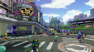 Inklings and jellyfish in Inkopolis Plaza.