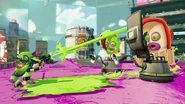 An Inkling girl shooting at an Octotrooper and a Shielded Octotrooper