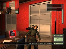 Fisher grabs a drunken General Kong Feirong from behind and forces him to access his encrypted files on his personal computer.