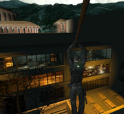 Sam ziplining into the burning warehouse