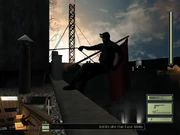 Fisher infiltrates the Ministry's headquarters by rappelling down the side of the building.