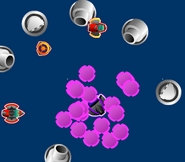 The ship player surrounded/covered by magnets, with other enemies looking at it.