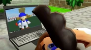 A frame of Splatoon in a Nutshell 6 showing Geofcraze634 hiding behind SMG4's back in SMG4: Stupid Mario Odyssey