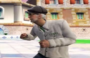 Dr. Kleiner ready to fight Luigi in SwagQuest. He's wearing a brown hat after the green plumber tells him he looks ridiculous.