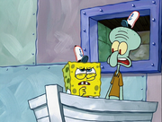 Squidward wonders how SpongeBob got out of the kitchen so fast.