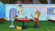 Squidward slapping Incidental 105's Krabby Patty onto the floor.