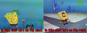 On the left, SpongeBob is seen on the sand. On the right, SpongeBob is seen on the road.