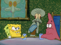 Squidward serving soda to SpongeBob.