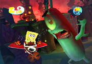 Plankton chasing SpongeBob (who is in his little plane) in ESB: Creature from the Krusty Krab (Beta)