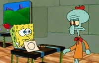 Губка Боб показывает кальмару свою окружность