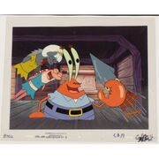 Mr. Krabs talks to Pearl whilst Pearl's friends lunge themselves in the air towards him. - Great Animation Cels