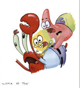 Part of the embarrassing photo of Mr. Krabs, SpongeBob, and Patrick toppling each other.