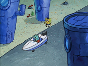 SpongeBob "patrolling" the streets.