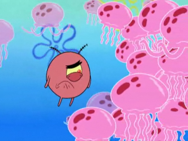 SpongeBob - SpongeBob walks in the middle of jellyfish with a net