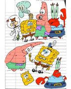 Work doodles of SpongeBob, Patrick, Squidward, Mr. Krabs, Plankton and Sandy Cheeks.