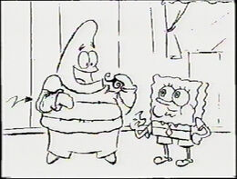 SpongeBob and Patrick eating cookies in a deleted scene from the storyboard.