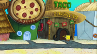 SpongeBob walking into the Taco place