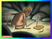 A caveman drawing a SpongeBob-like figure.