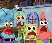 Spongebob, Patrick, Squidward, and Mr. Krabs doing their "funny faces" in Pressure