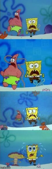 Sandy chases SpongeBob and Patrick meme template