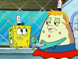 Mrs. Puff working at the Krusty Krab.