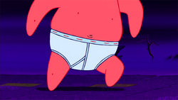 SpongeBob looking complementative in his underwear while Patrick