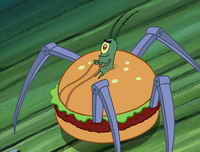 Plankton trying to steal a Krabby Patty.