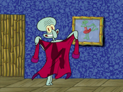 Squidward hides his naked body as if he's being watched by the audience, even at his home.