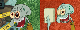 A comparison between the two episodes. (Left: "Squid's Day Off," Right: "Suction Cup Symphony").
