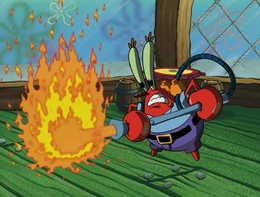 Mr. Krabs using a flamethrower.