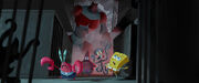 Concept art of an "Jailbreak" scene where Spongebob, Patrick, Squidward and Mr. Krabs are running away from an cat