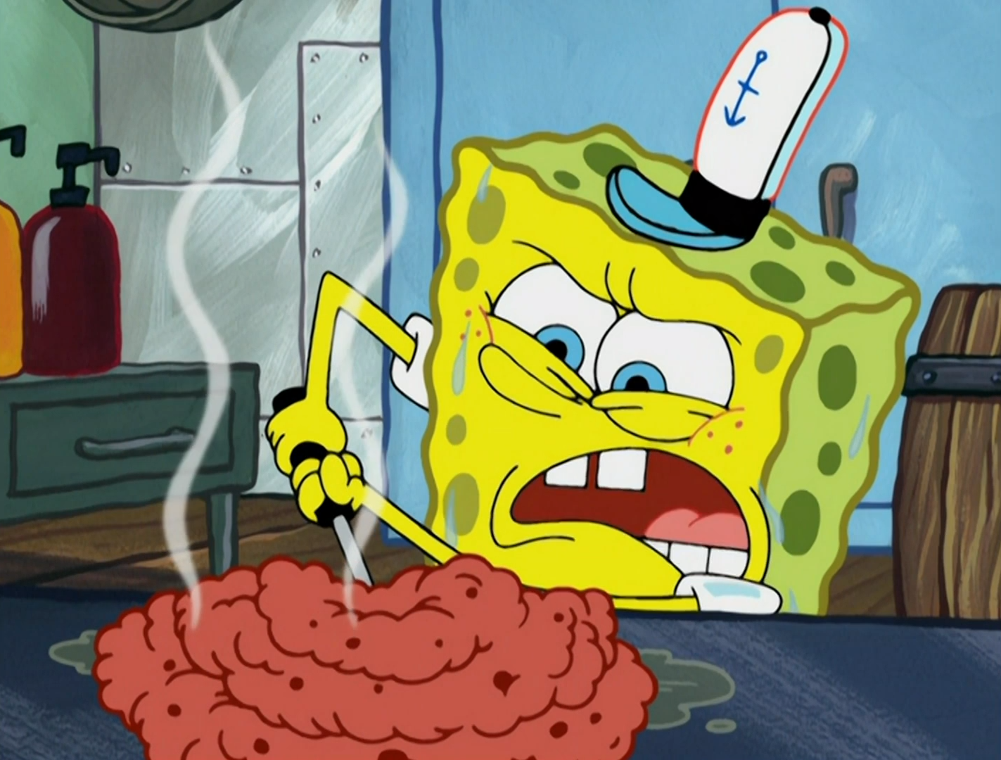 spongebob cooking krabby patty