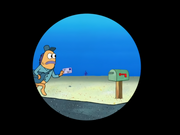 Plankton watching Mr. Mailman quietly deliver mail to the Krusty Krab.